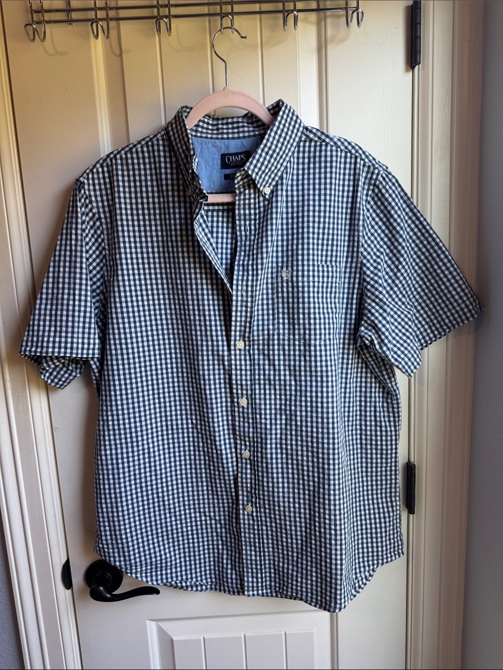 Chaps Men’s Short-Sleeve Button-Down Shirt in Blue and White Gingham